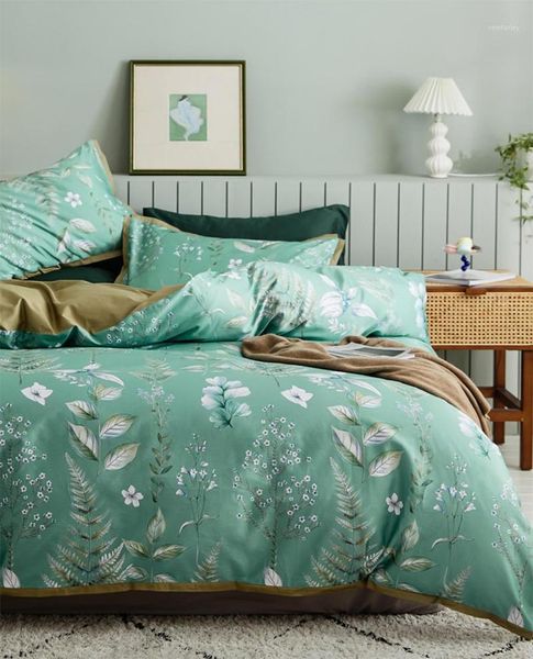 

design green pastoral floral leaf bedding set,full  king 60s cotton double home textile bed sheet pillow case duvet cover1