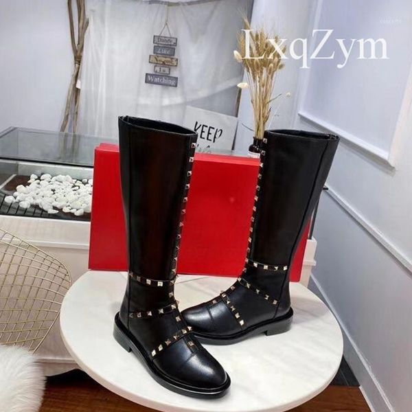 

brand rivet black real leather straight long boots round toe low heel platform knight booties zipper knee high botas1