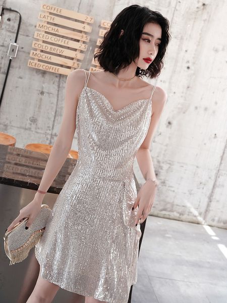 

Spaghetti Strap Simple Sleeveless Mini A-line silver Sexy Hot Woman Party Elegant Sequin Cocktail Dresses Vestido De Festa