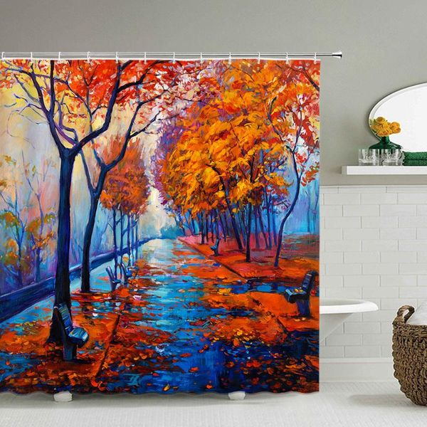 

shower curtains waterproof fabric 3d oil painting flowers rural scenery bath screen decoration bathroom printed curtain