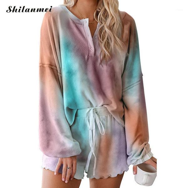 

women long sleeve and shorts 2020 spring summer pink tie dye casual 2 piece matching set home clothing pajama loungewear1, White