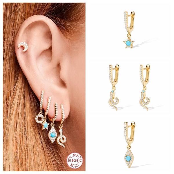 

925 sterling silver fine earring bohemia bling blue cz snake hoop earrings for woman anniversary party gift piercing pendientes, Golden;silver