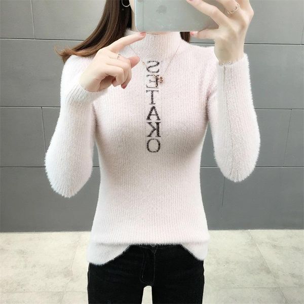 

women's sweaters #6333 white pink blue mohair sweater women thick warm turtleneck pullovers letters basic knitted femme, White;black