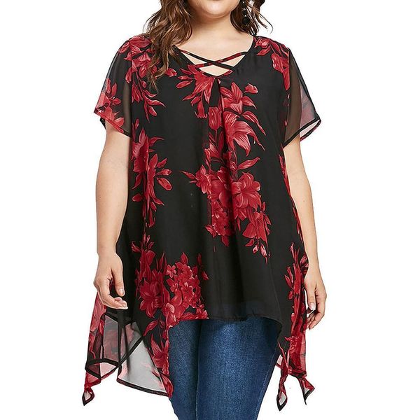 

womens and blouses plus size criss cross double chiffon print short sleeve shirt blouse shirt women feminina, White