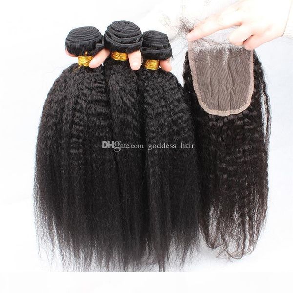 

mongolian kinky straight human hair with closure 3pcs unprocessed coarse yaki hair weaves with closure natural color italian yaki, Black