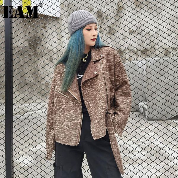 

women's wool & blends [eam] loose fit zipper big size black woolen coat parkas lapel long sleeve women fashion tide autumn winter 2021
