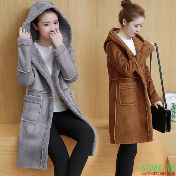 

winter fall women fleece lined hooded suede long coat female korean loose faux leahter jakcet ladies faux fur winterbreaker, Black