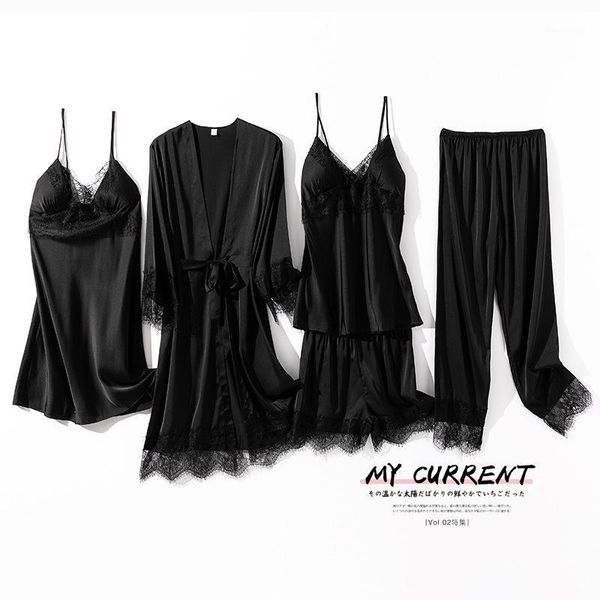 

wedding robe set women 5pcs sleepwear kimono bath gown soft silky satin nightwear negligee casual home clothes pajamas1, Black;red