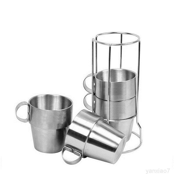 

4pcs outdoor picnic cups stainless steel double layer drinking mugs vacuum tea coffee cup set with frame