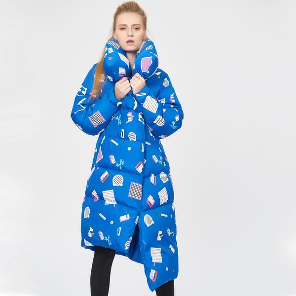 

2020 winter ladies new irregular printing fashion street thickening warm mid-length loose women's down jacket, Black