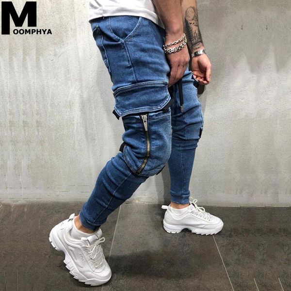 

men's jeans moomphya side pockets jogger skinny men streetwear mens 2021 denim trousers hip hop black, Blue