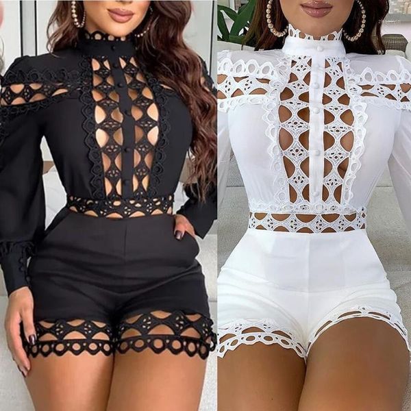 

women black lace border hollow out playsuit mock neck hight waist down straight one piece overalls night club playsuit1, Black;white