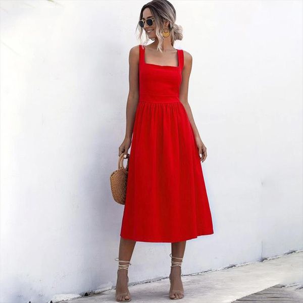 

women long dress summer backless casual white black ruched slip midi sundresses 2021 ladies pleated spaghetti strap clothes, Black;gray