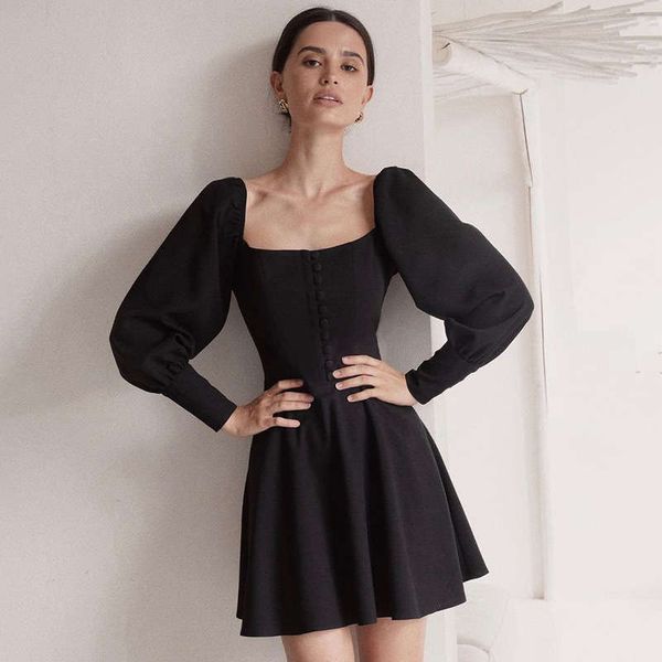 

women's dress new 2020 french court style bubble sleeve square neck waist a-line skirt, Black;gray