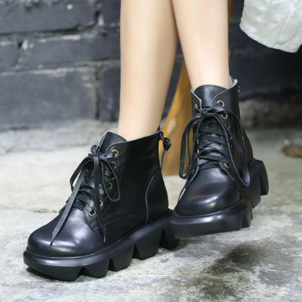 

ankle boots women leather 100martins boots autumn shoes for women wedge high heels shoes handmade genuine leather big toe boot1, Black