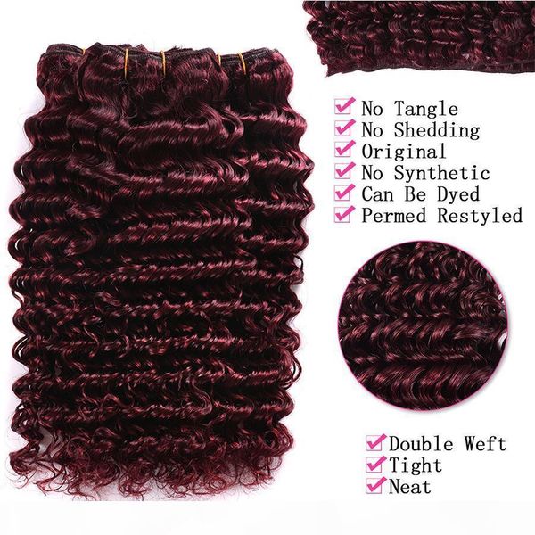 

burgundy deep wave brazilian virgin hair red raw deep curly wave 99j human hair weave wet and wavy 3 bundles with lace closure, Black;brown