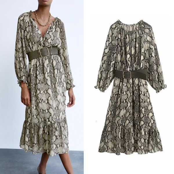 

animal print midi dress women za 2021 long sleeve v-neck ruffle dress woman fashion contrast belt elastic waist ladies dresses, Black;gray