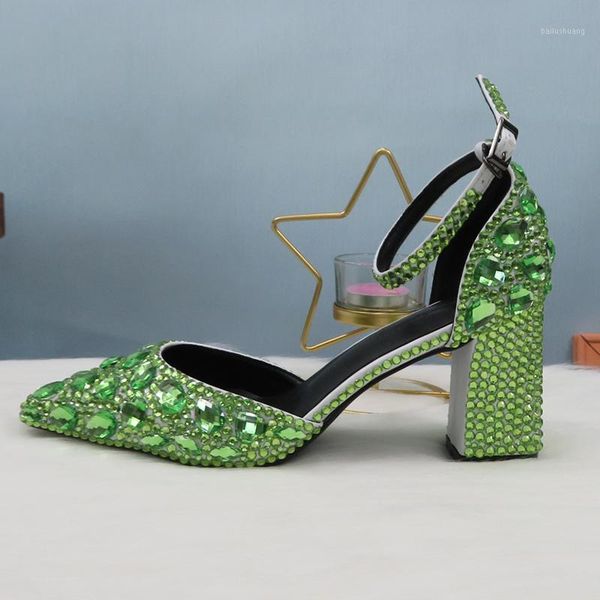

light green crystal summer sandals ankle strap fashion wedding shoes woman pointed toe high thick heel buckle shoes 2020 new1, Black
