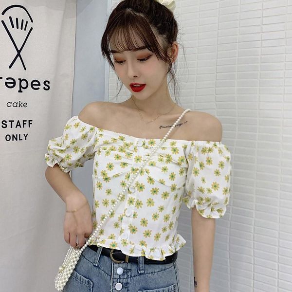 

women's blouses & shirts sweet floral print for women fashion wild petal sleeve square collar shirt off the shoulder crop, White