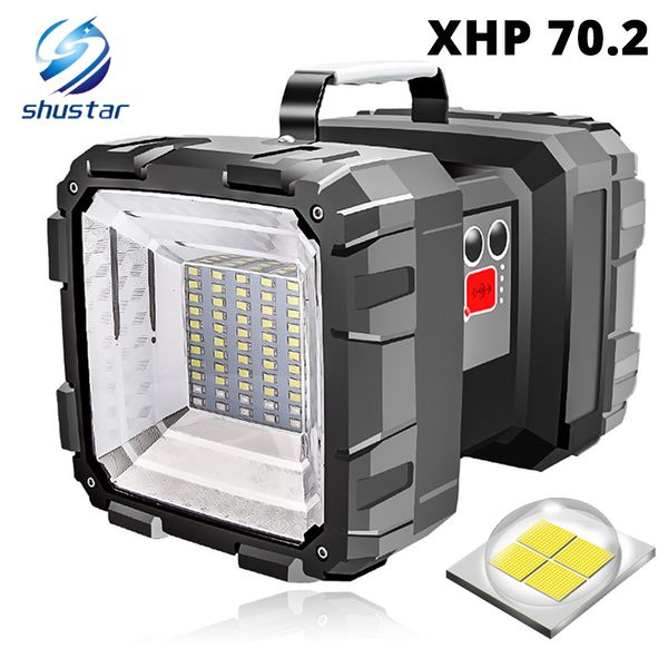 Wiederaufladbarer, superheller LED-Suchscheinwerfer, doppelköpfiger LED-Taschenlampenscheinwerfer mit wasserdichter XHP 70,2-Lampenperle, Campingleuchte