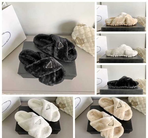 

2022 fashion luxury wool slippers designer slippers soft warm fur enamel triangle cross fashion women's shoes black white start shoes b