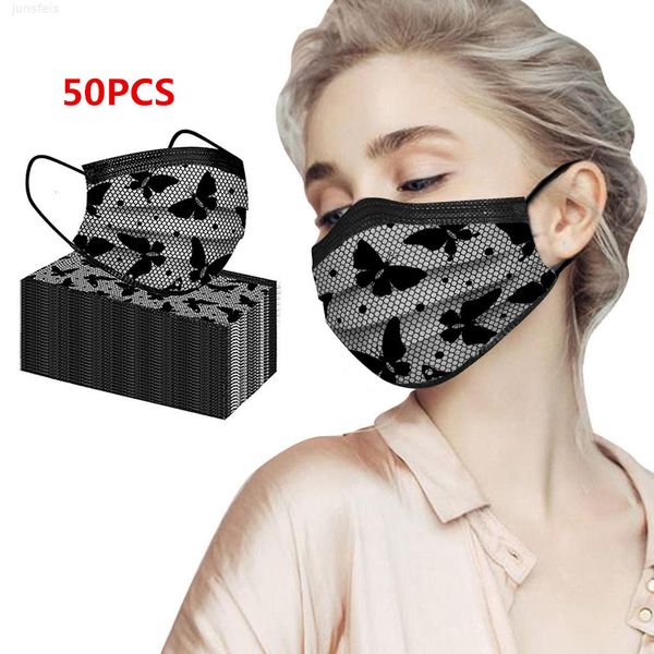 

disposable face mouth butterfly lace 50pc mask 3 layer fashion women men filter hygiene earloop mascarilla masque