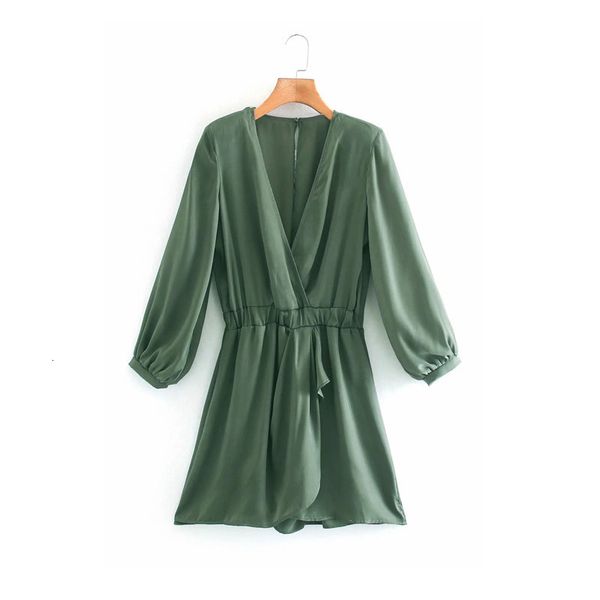 

2021 new green satin mini women long sleeve v-neck wrap short dress woman summer elastic waistband casual ladies dresses 86eq, Black;gray