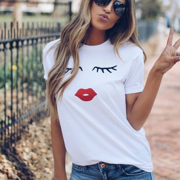 

pretty and cute eye lashes red lips print women t shirt summer casual short sleeve o neck t shirt ladies white tshirt