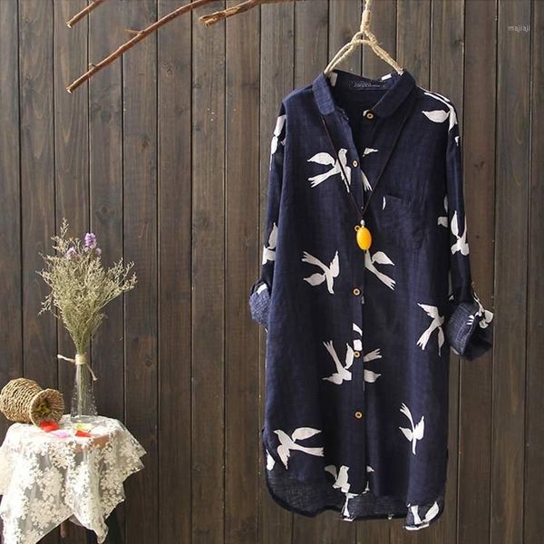 

women's blouses & shirts 2022 autumn printed blouse casual long sleeve women lapel asymmetrical kaftan female blusas tunic robe1, White
