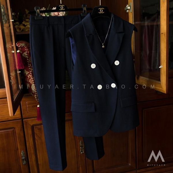 

white button twill waistcoat + suit pants women's suit 2020 spring and autumn commuter temperament two-piece