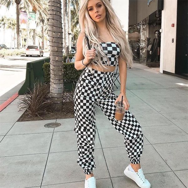 

women plaid casual harem pants jogger pockets fashion chain polyester pants female loose checkered pants pantalon, Black;white