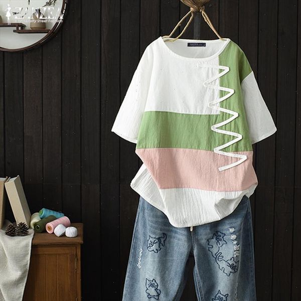 

zanzea 2021 summer casual striped womens linen blouse vintage patchwork blusas female o neck short sleeve shirts, White