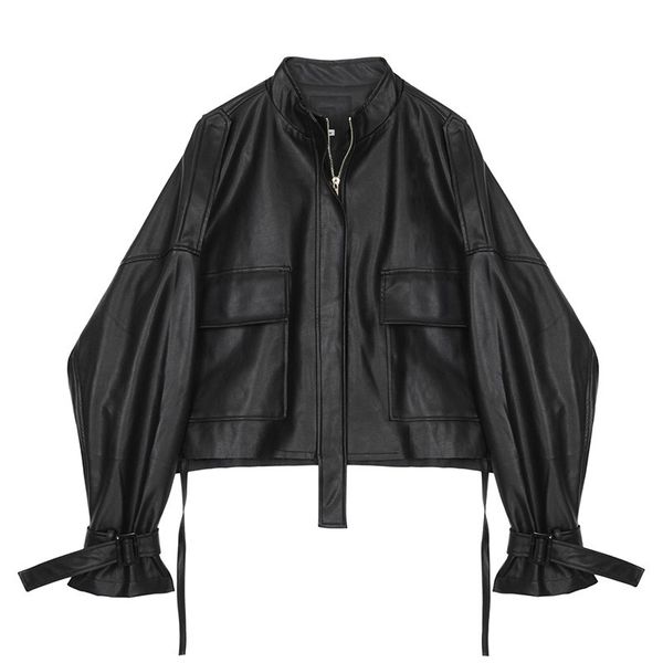 

2021 new autumn women black short faux leather jacket female biker streetwear pocket coat outwear 1pbs