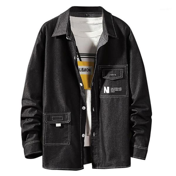 

kancoold men's casual fashion patchwork denim shirt men lapel pockets single breasted long sleeve shirt blouse 11261, White;black
