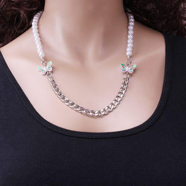 

chains hip hop pearl necklace silver color link chain choker women girls butterfly pendant jewelry