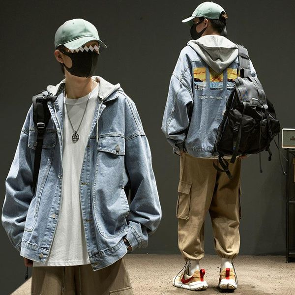 

autumn hooded jeans coat male tooling jacket popular brand ins handsome trend students easing function wind, Black;brown
