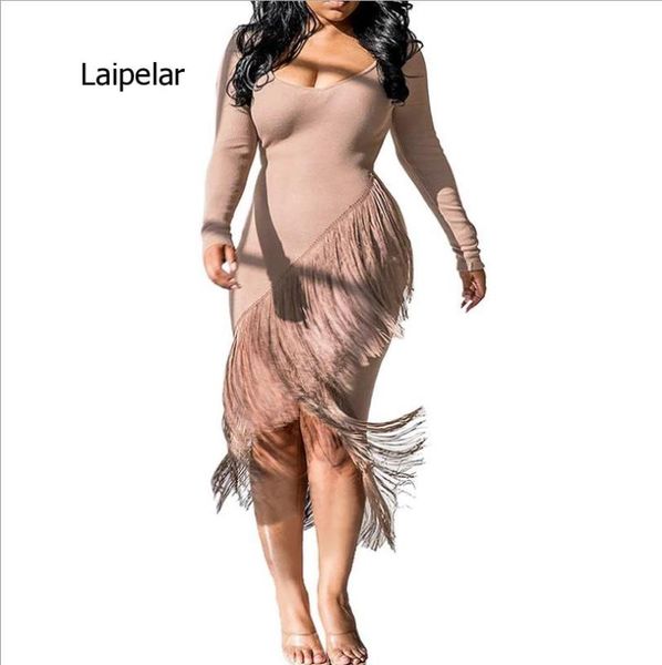 

2021 new style women solid color dress long sleeve round collar irregular fringed hem mid dress autumn slim clothes, Black;gray