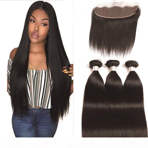 

peruvian straight hair bundles with lace frontal 13*4 human hair bundles with closure 3 pieces with frontal non remy, Black;brown