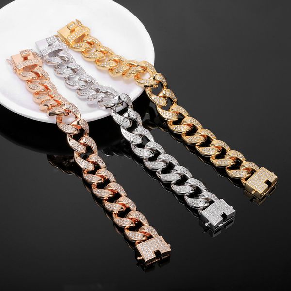 

18mm width gold plated iced out cz bracelet men's hip hop punk jewelry gifts, Black