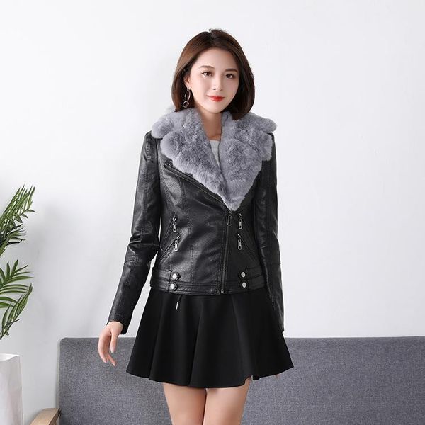 

2020 autumn and winter new style fur collar leather coat women's short slim fit leather coat korean-style pu locomotive1, Black