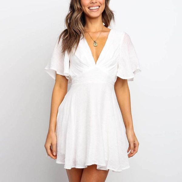 

chamsgend short sleeve dress woman basic solid color v-neck short sleeve loose casual dress summer princess vestidos1, White;black