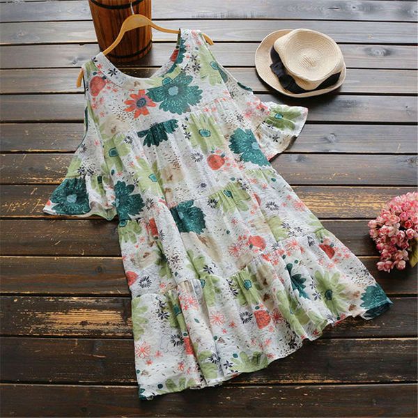 

2020 gentle feng shui ink print flower dew shoulder wide flounced dress, Black;gray