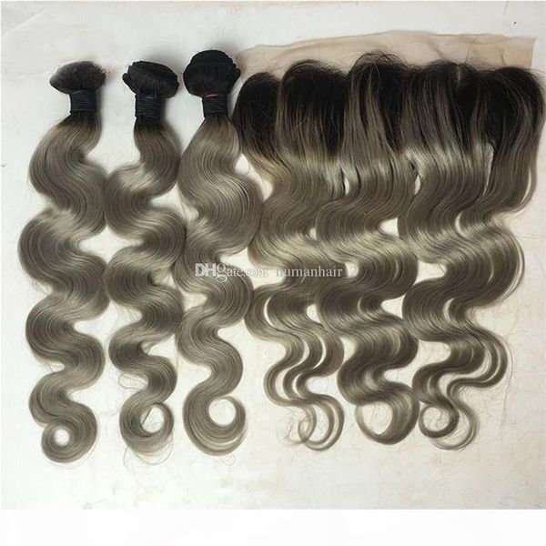 

1b grey body wave with frontal two tone grey human hair 3 bundles with 13x4 lace frontal ombre hair weaves, Black;brown
