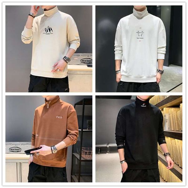 

high collar men's autumn new style korean version slim trend youth men's ins fashion casual solid color bottoming shirt, Black