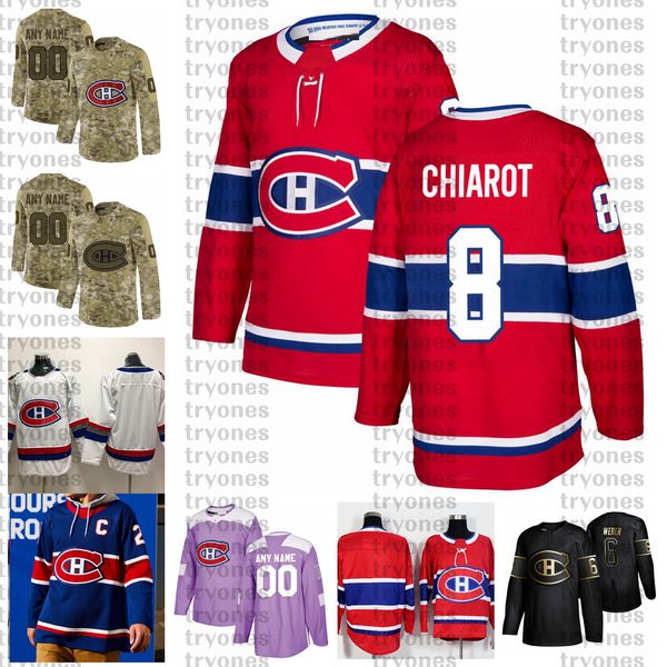 

2021 reverse retro customize #8 ben chiarot montreal canadiens hockey jerseys golden edition camo veterans day fights cancer custom shirt, Black;red