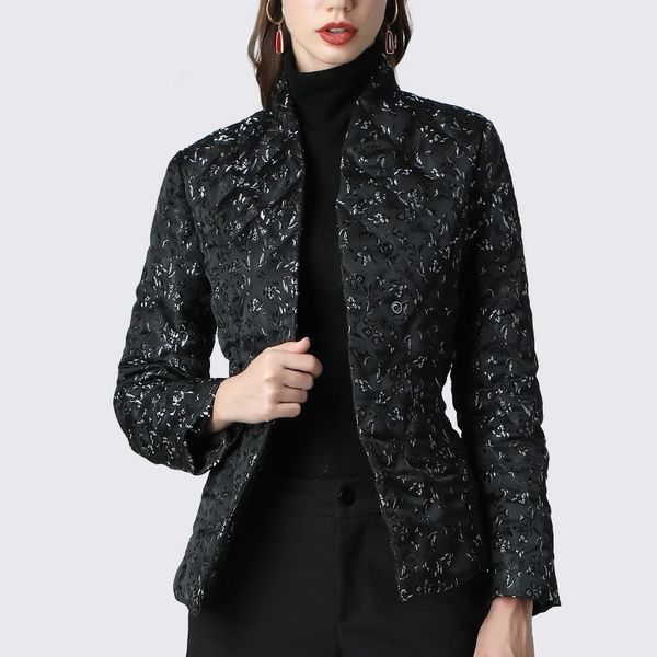 

women down jacket elegant floral printed black slim short duck down coats warm thicken lightly winter puffer down jackets y201026