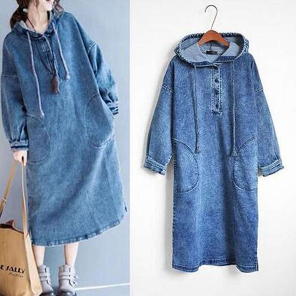 

autumn 2019 korean style large loose hooded windbreaker long sleeve medium length denim dress for women, Black;gray