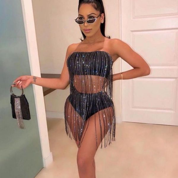 

diamonds tassel patchwork 2 piece set women bandeau crop vest high waist panty matching suits night clubwear outfits1, Gray