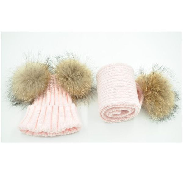 

kids fur scarf and hat set winter warm thick stretchy knitted beanie boys girls real double fur pom pom hat a jllvzm