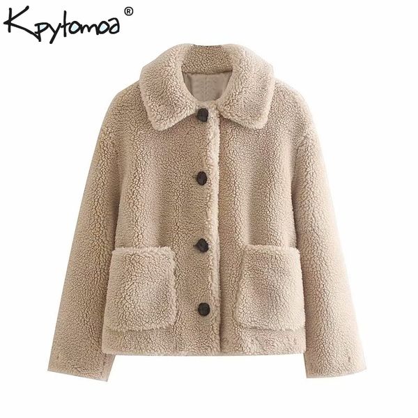 

vintage stylish winter warm faux fur teddy coat women fashion long sleeve pockets cozy outerwear chic chaqueta mujer t200507, Black